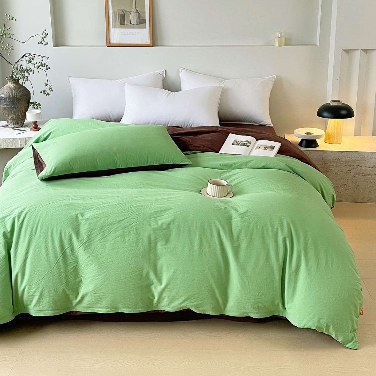 91家纺网 家纺一手货源 找家纺 春皖家纺 2026春夏新款双拼全棉水洗棉单被套被套单件单品被套 青草绿-慕斯棕