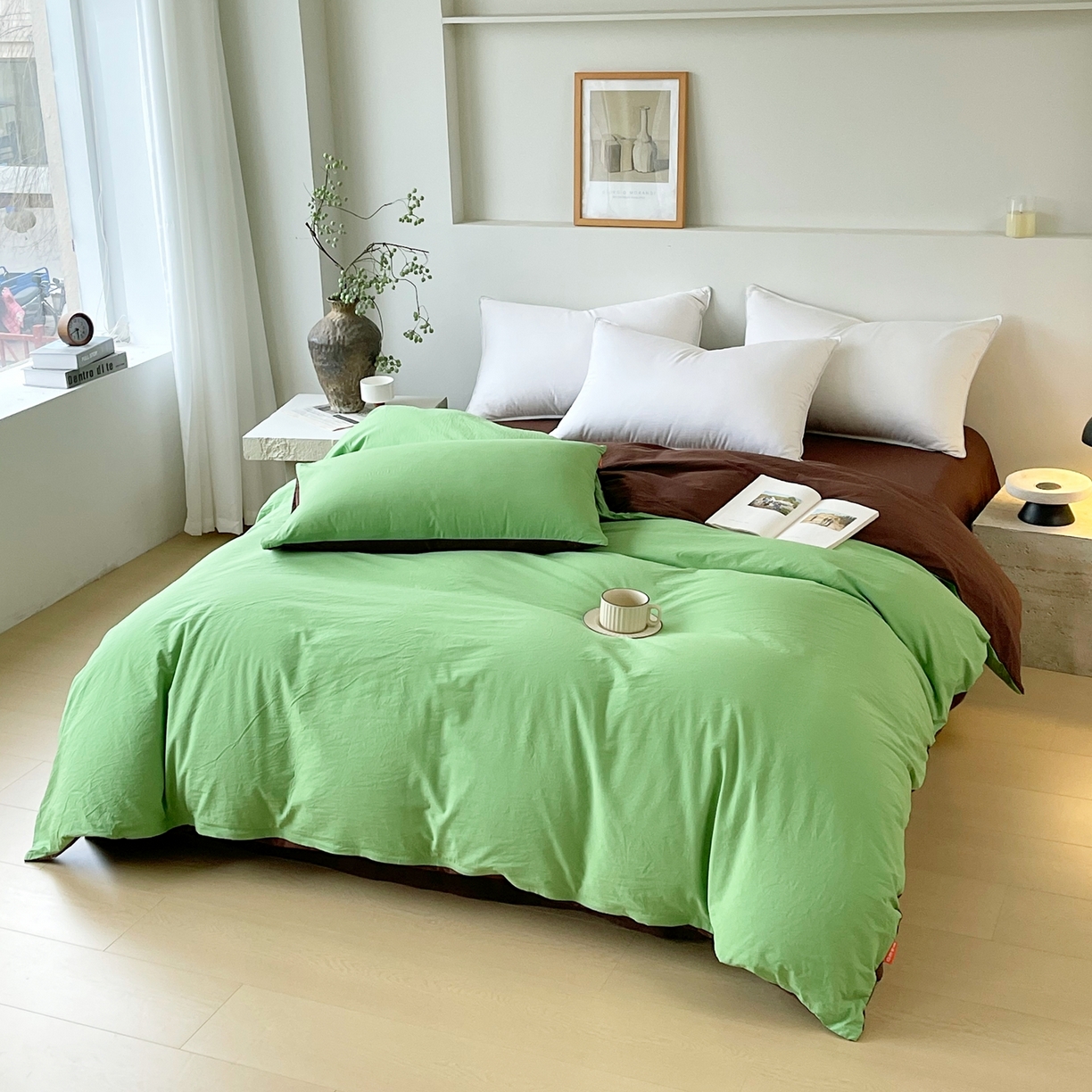 91家纺网 家纺一手货源 找家纺 春皖家纺 2026春夏新款双拼全棉水洗棉单被套被套单件单品被套 青草绿-慕斯棕