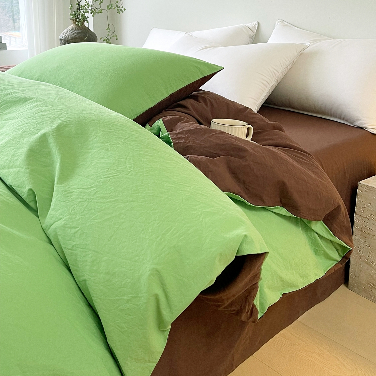 91家纺网 家纺一手货源 找家纺 春皖家纺 2026春夏新款双拼全棉水洗棉单被套被套单件单品被套 青草绿-慕斯棕