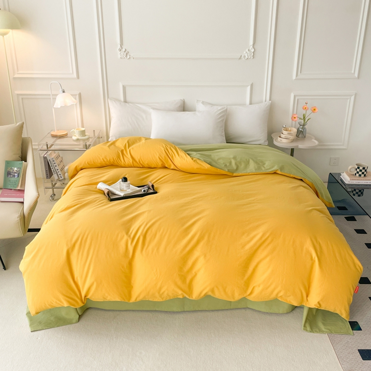 春皖家纺 2026春夏新款双拼全棉水洗棉单被套被套单件单品被套 深黄-果绿