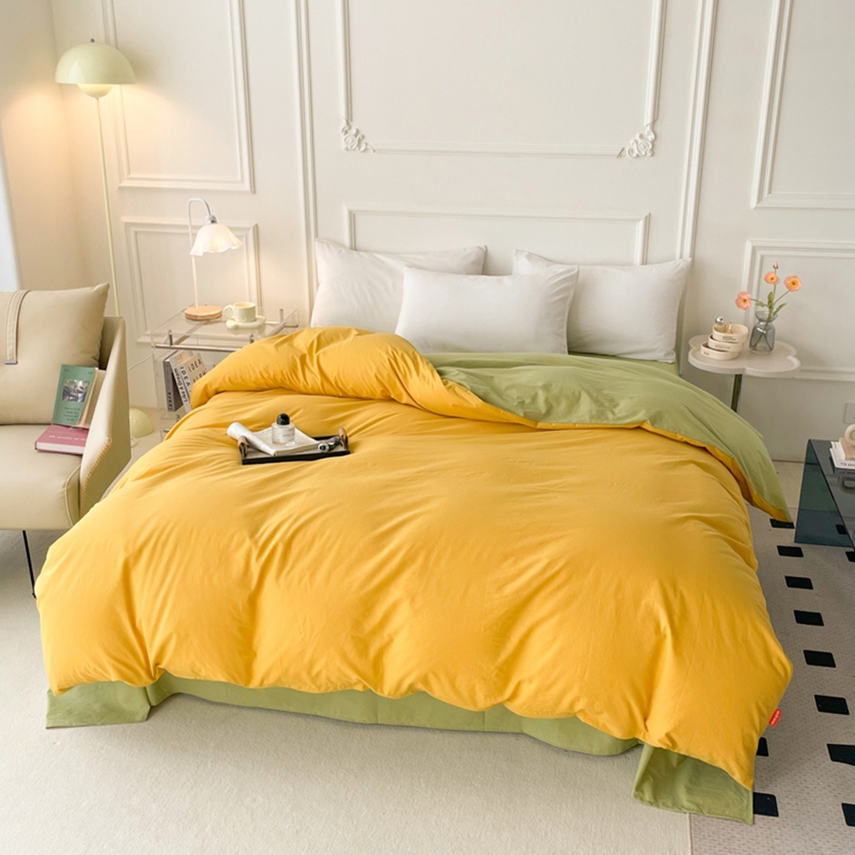 91家纺网 家纺一手货源 找家纺 春皖家纺 2026春夏新款双拼全棉水洗棉单被套被套单件单品被套 深黄-果绿
