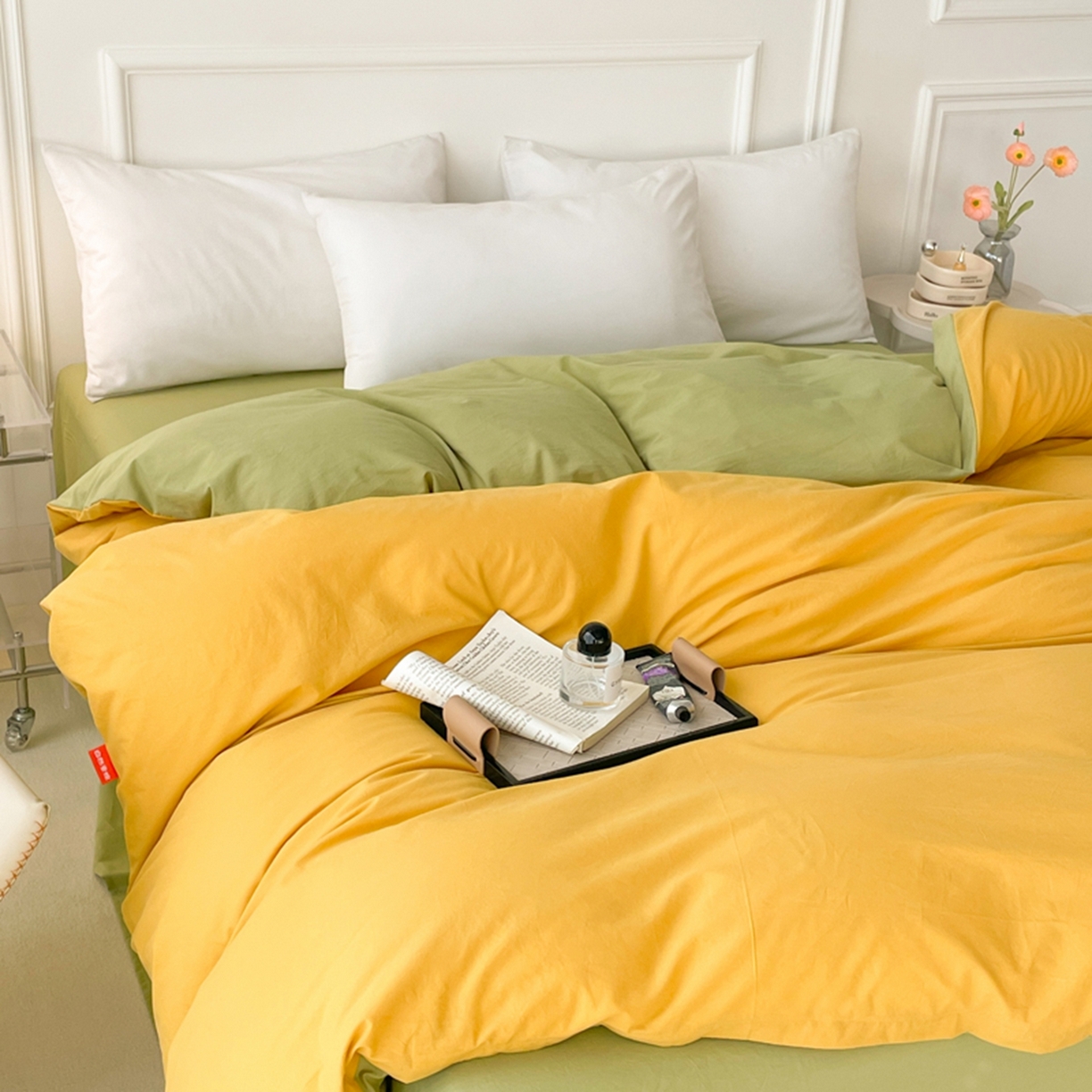91家纺网 家纺一手货源 找家纺 春皖家纺 2026春夏新款双拼全棉水洗棉单被套被套单件单品被套 深黄-果绿