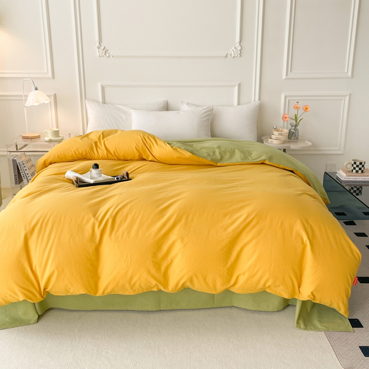 91家纺网 家纺一手货源 找家纺 春皖家纺 2026春夏新款双拼全棉水洗棉单被套被套单件单品被套 深黄-果绿