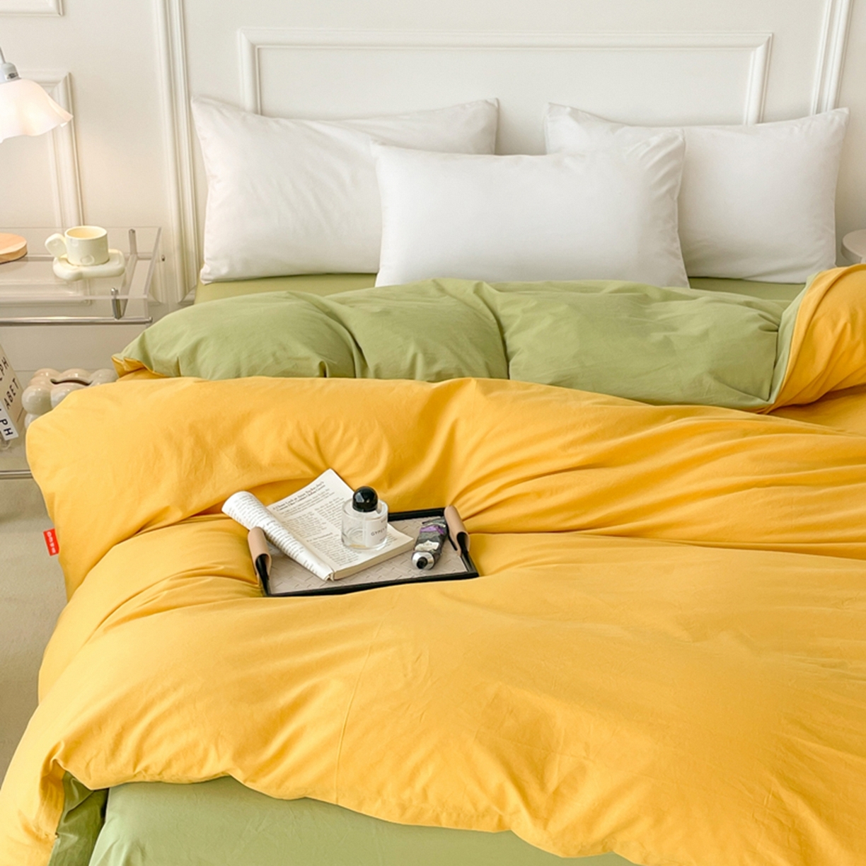 91家纺网 家纺一手货源 找家纺 春皖家纺 2026春夏新款双拼全棉水洗棉单被套被套单件单品被套 深黄-果绿