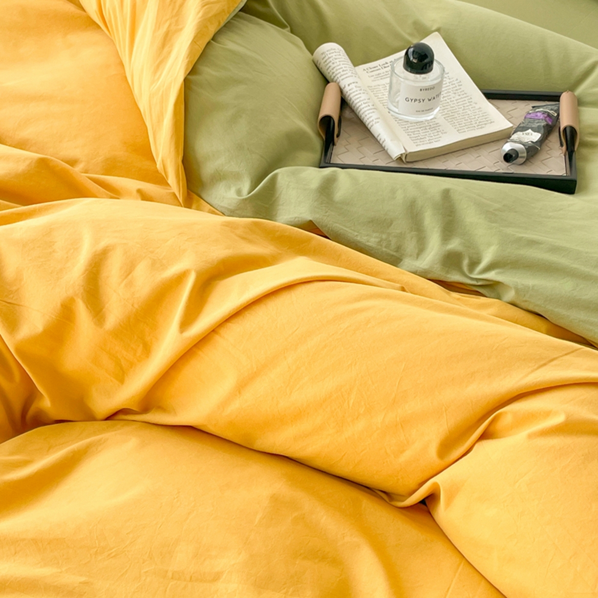 91家纺网 家纺一手货源 找家纺 春皖家纺 2026春夏新款双拼全棉水洗棉单被套被套单件单品被套 深黄-果绿