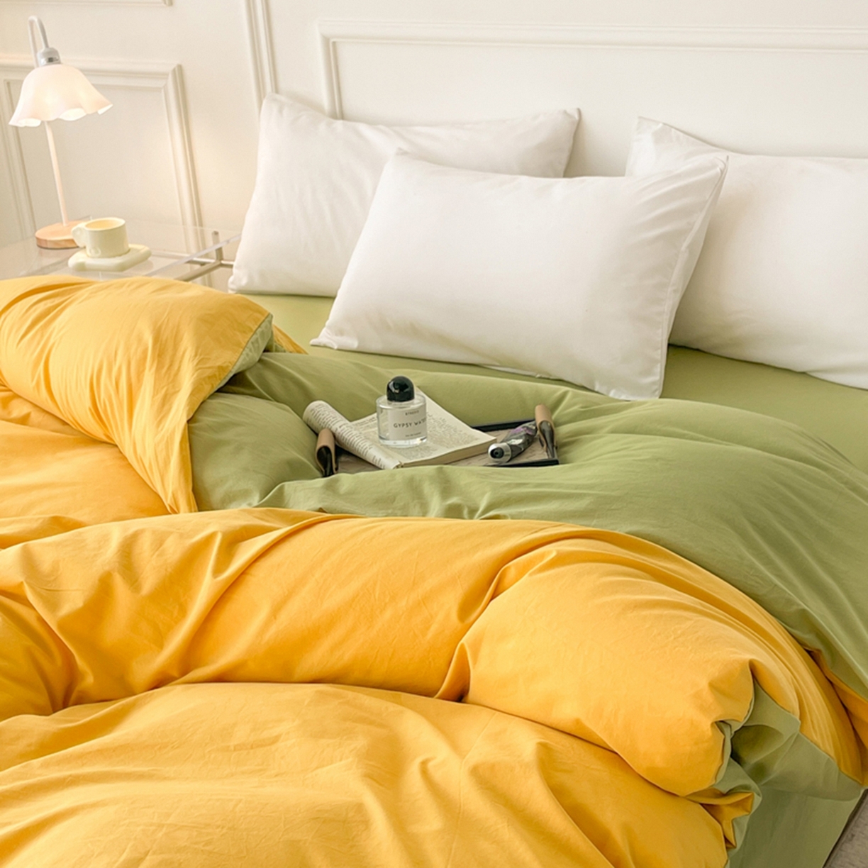 91家纺网 家纺一手货源 找家纺 春皖家纺 2026春夏新款双拼全棉水洗棉单被套被套单件单品被套 深黄-果绿