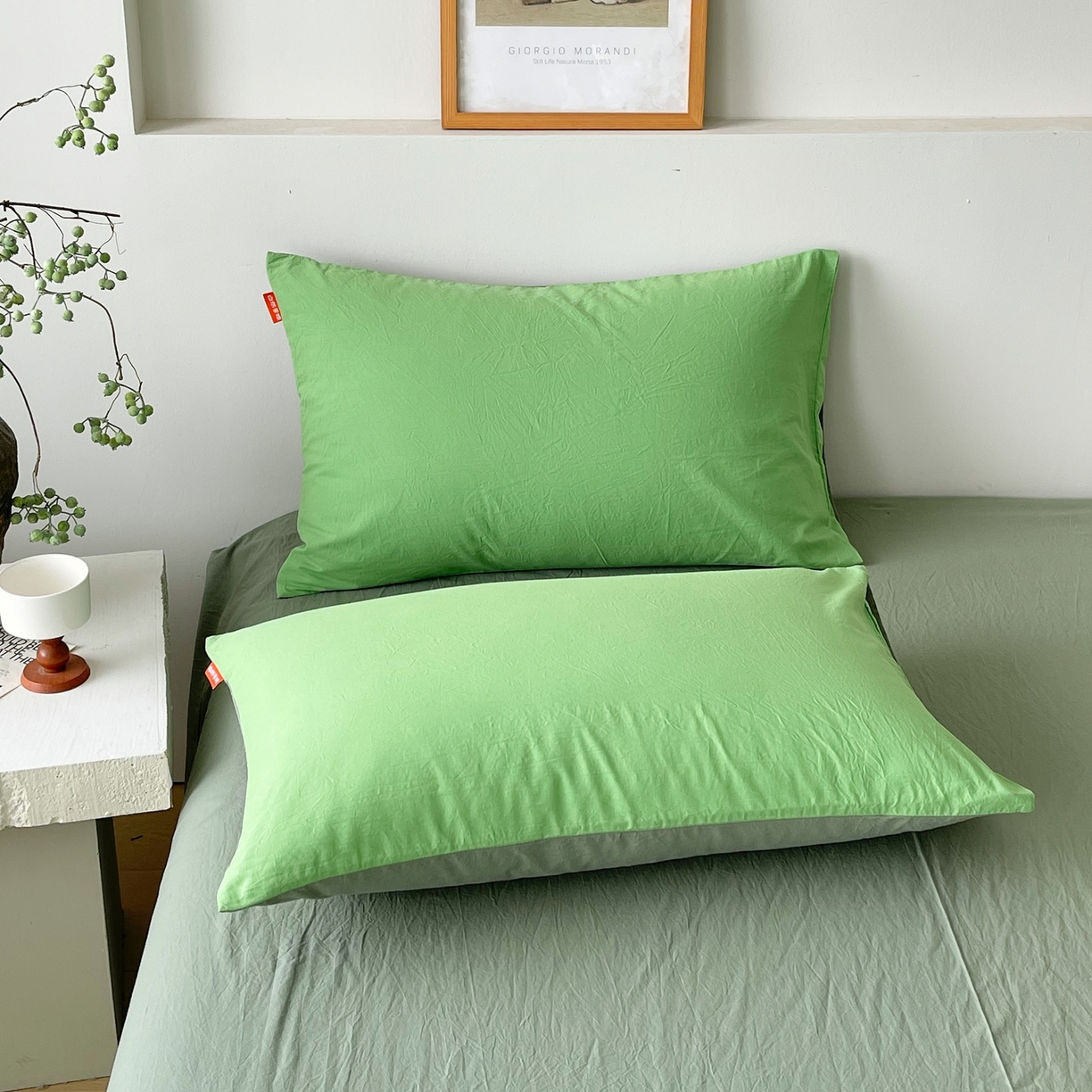 91家纺网 家纺一手货源 找家纺 春皖家纺 2026春夏新款双拼全棉水洗棉单枕套枕套单件单品枕套 青草绿-墨绿