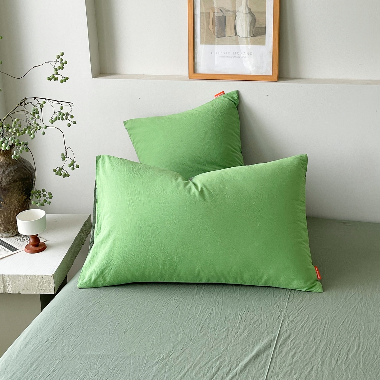 91家纺网 家纺一手货源 找家纺 春皖家纺 2026春夏新款双拼全棉水洗棉单枕套枕套单件单品枕套 青草绿-墨绿