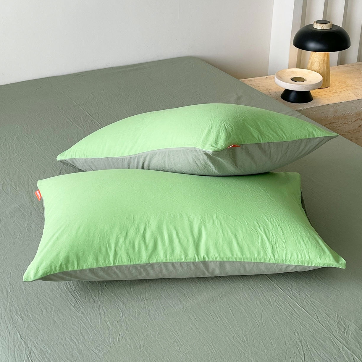 91家纺网 家纺一手货源 找家纺 春皖家纺 2026春夏新款双拼全棉水洗棉单枕套枕套单件单品枕套 青草绿-墨绿