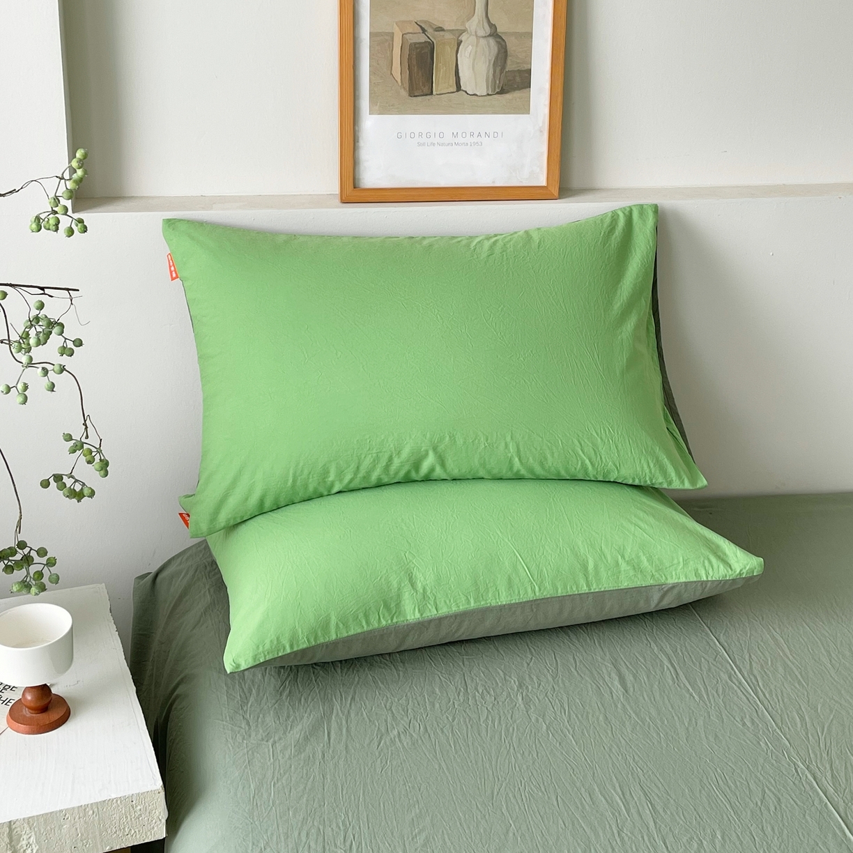 91家纺网 家纺一手货源 找家纺 春皖家纺 2026春夏新款双拼全棉水洗棉单枕套枕套单件单品枕套 青草绿-墨绿