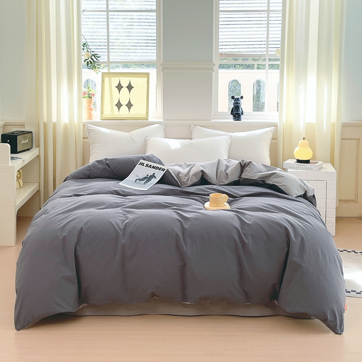 春皖家纺 2026春夏新款双拼全棉水洗棉单被套被套单件单品被套 深灰-浅灰