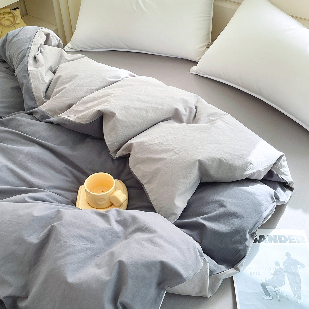 91家纺网 家纺一手货源 找家纺 春皖家纺 2026春夏新款双拼全棉水洗棉单被套被套单件单品被套 深灰-浅灰