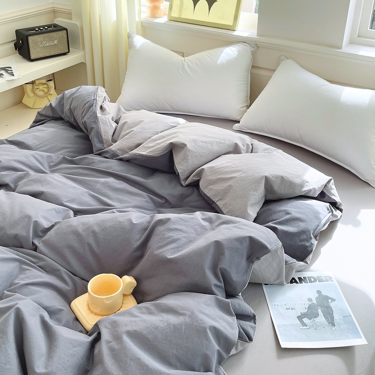 91家纺网 家纺一手货源 找家纺 春皖家纺 2026春夏新款双拼全棉水洗棉单被套被套单件单品被套 深灰-浅灰