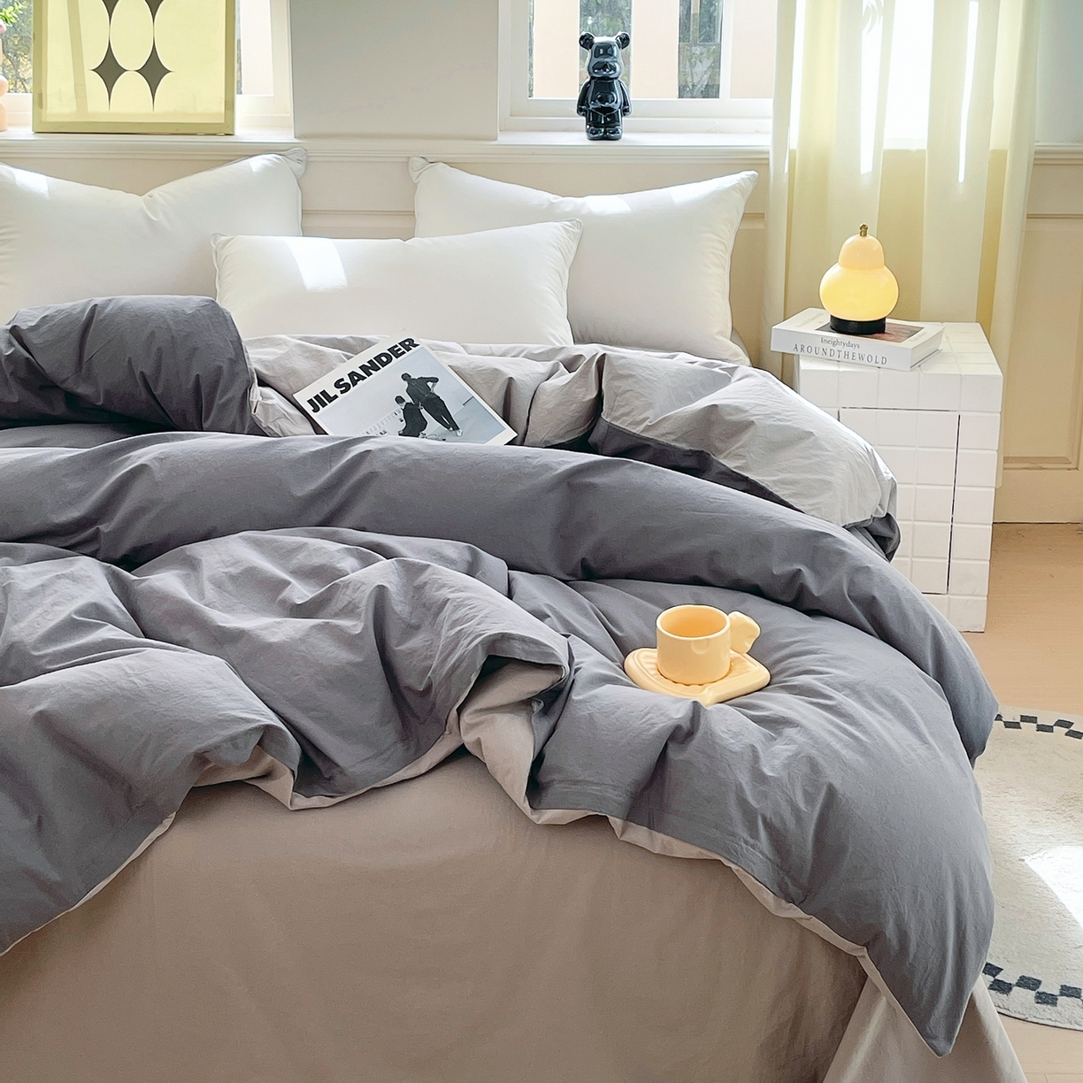 91家纺网 家纺一手货源 找家纺 春皖家纺 2026春夏新款双拼全棉水洗棉单被套被套单件单品被套 深灰-浅灰