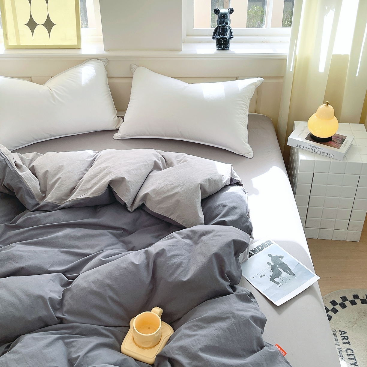 91家纺网 家纺一手货源 找家纺 春皖家纺 2026春夏新款双拼全棉水洗棉单被套被套单件单品被套 深灰-浅灰