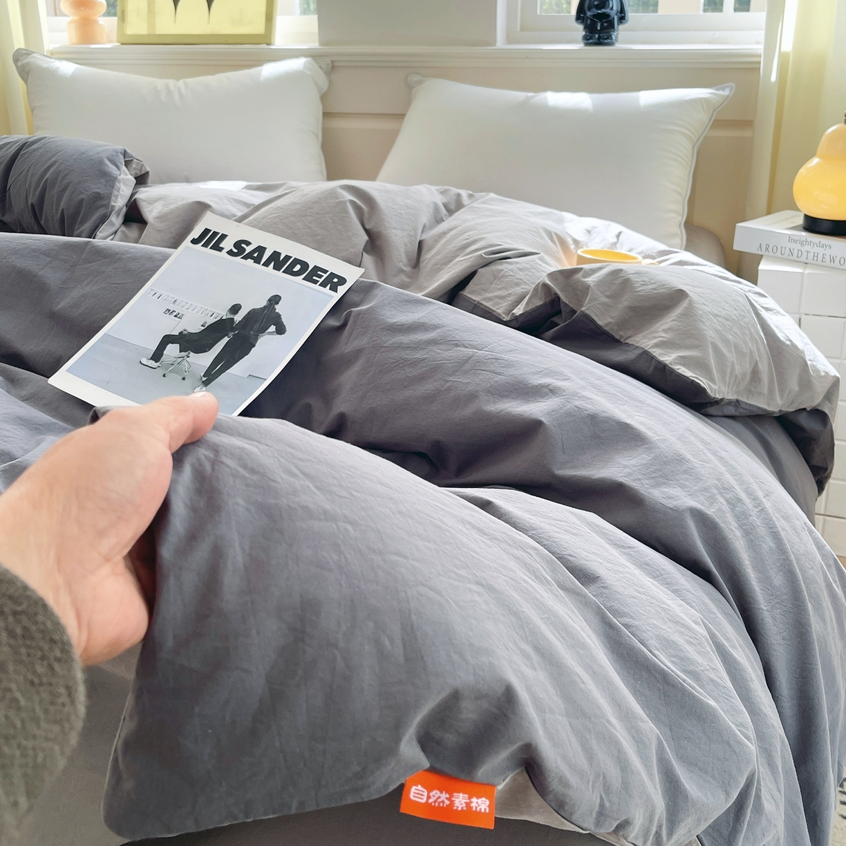 91家纺网 家纺一手货源 找家纺 春皖家纺 2026春夏新款双拼全棉水洗棉单被套被套单件单品被套 深灰-浅灰