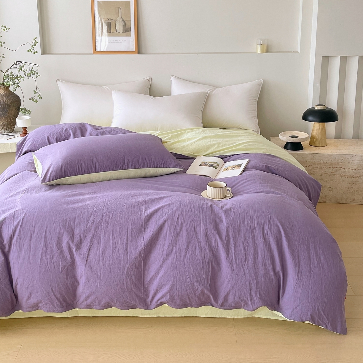 91家纺网 家纺一手货源 找家纺 春皖家纺 2026春夏新款双拼全棉水洗棉单被套被套单件单品被套 水晶紫-淡黄