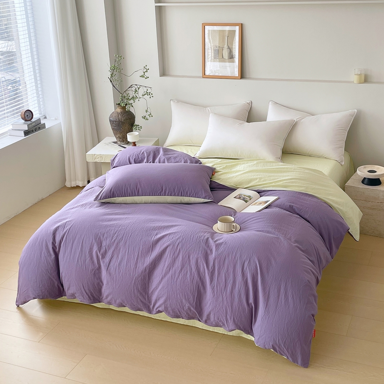 91家纺网 家纺一手货源 找家纺 春皖家纺 2026春夏新款双拼全棉水洗棉单被套被套单件单品被套 水晶紫-淡黄