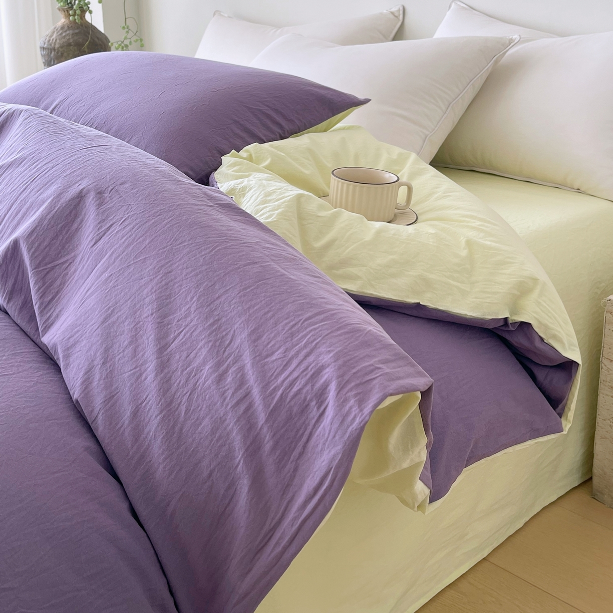 91家纺网 家纺一手货源 找家纺 春皖家纺 2026春夏新款双拼全棉水洗棉单被套被套单件单品被套 水晶紫-淡黄