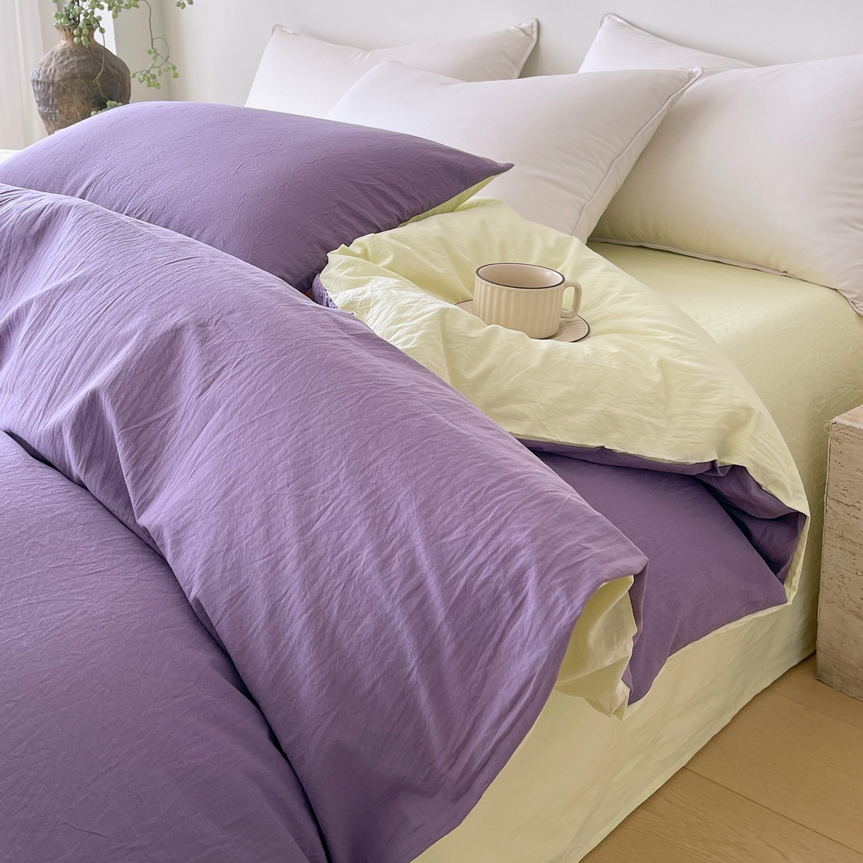 91家纺网 家纺一手货源 找家纺 春皖家纺 2026春夏新款双拼全棉水洗棉单被套被套单件单品被套 水晶紫-淡黄