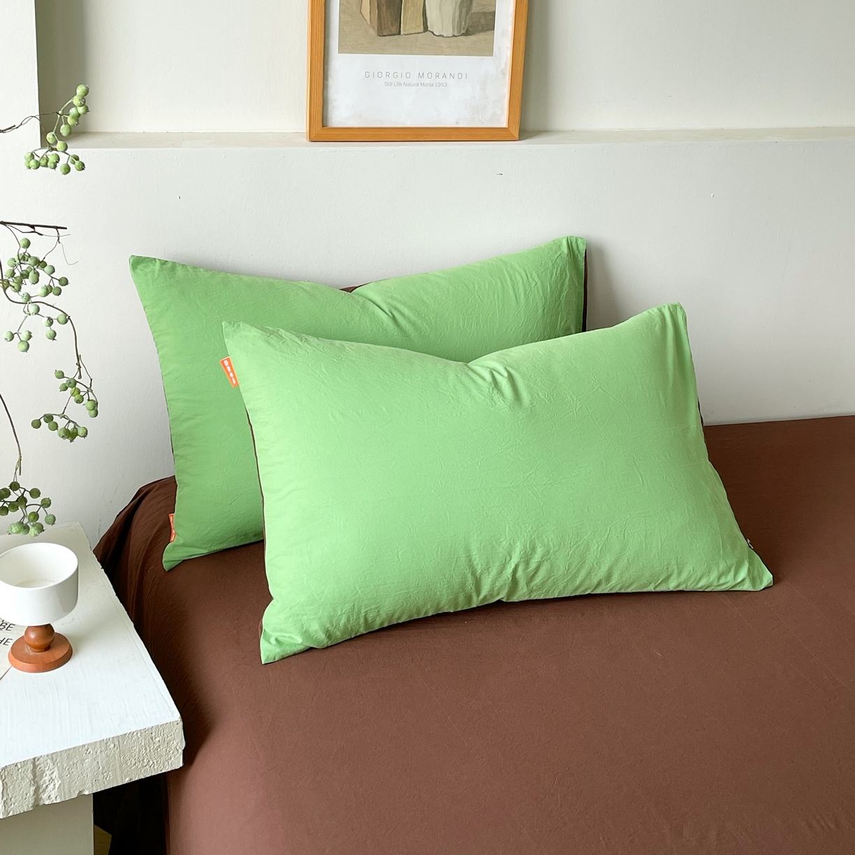 春皖家纺 2026春夏新款双拼全棉水洗棉单枕套枕套单件单品枕套 青草绿-慕斯棕