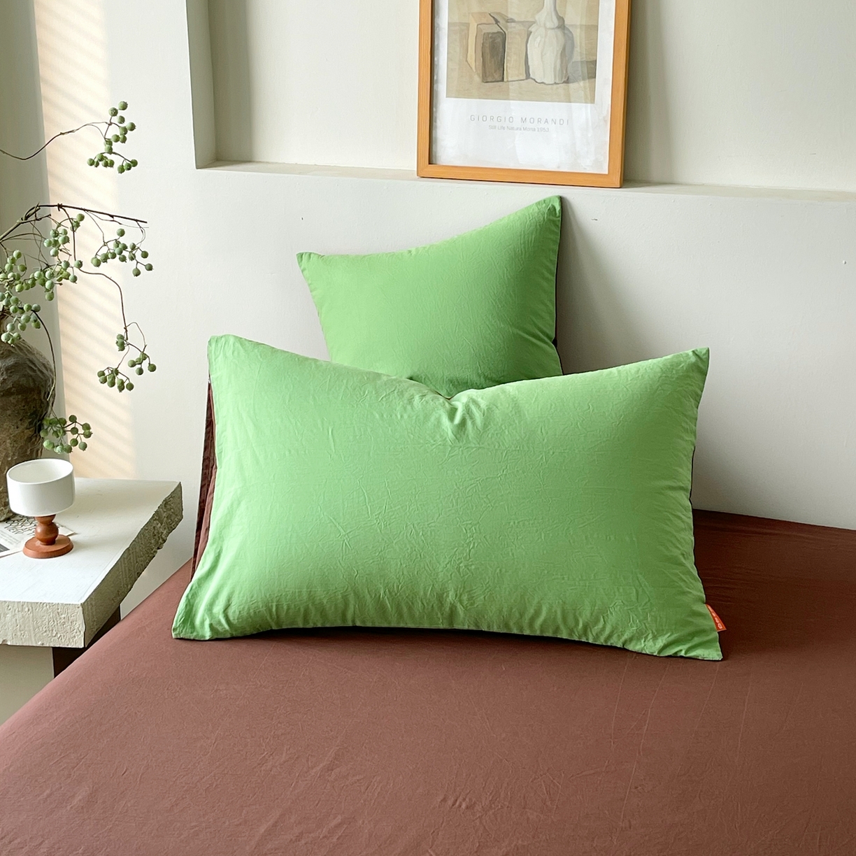 91家纺网 家纺一手货源 找家纺 春皖家纺 2026春夏新款双拼全棉水洗棉单枕套枕套单件单品枕套 青草绿-慕斯棕