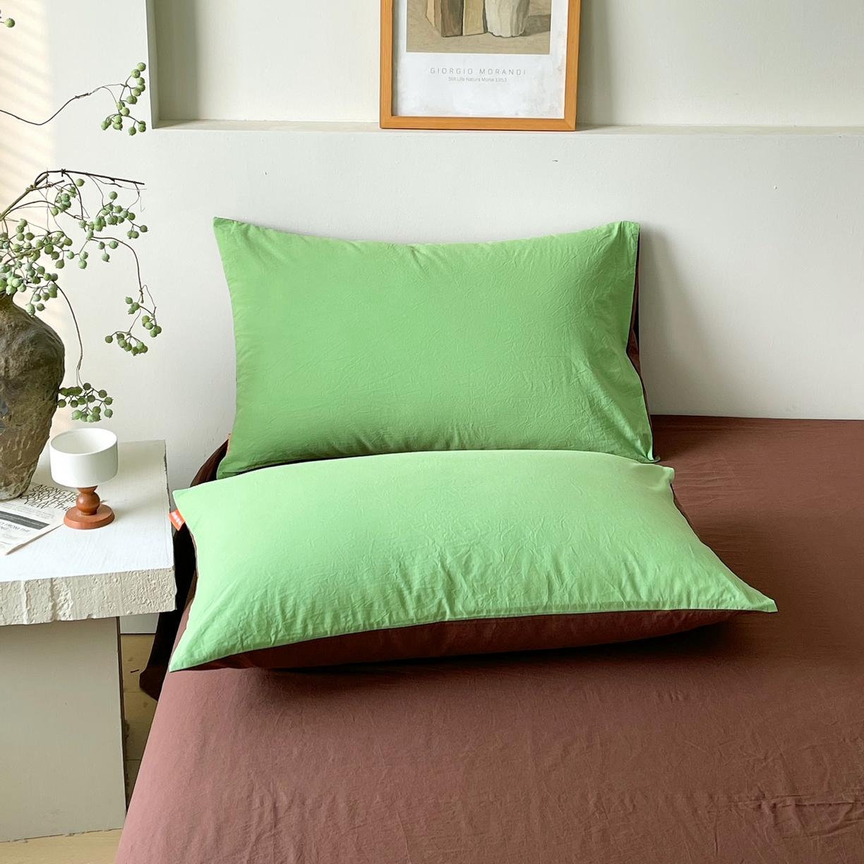 91家纺网 家纺一手货源 找家纺 春皖家纺 2026春夏新款双拼全棉水洗棉单枕套枕套单件单品枕套 青草绿-慕斯棕