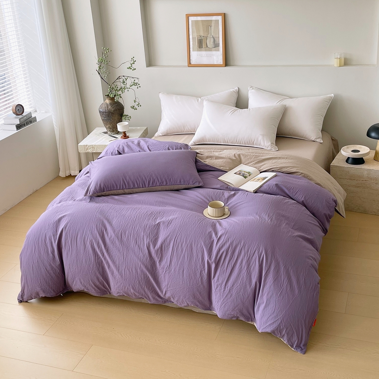 91家纺网 家纺一手货源 找家纺 春皖家纺 2026春夏新款双拼全棉水洗棉单被套被套单件单品被套 水晶紫-卡其