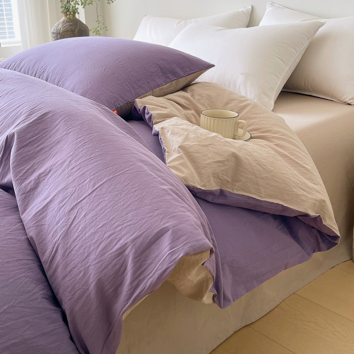 91家纺网 家纺一手货源 找家纺 春皖家纺 2026春夏新款双拼全棉水洗棉单被套被套单件单品被套 水晶紫-卡其