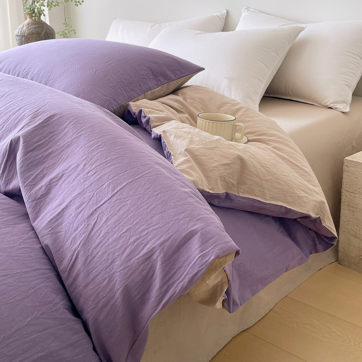 91家纺网 家纺一手货源 找家纺 春皖家纺 2026春夏新款双拼全棉水洗棉单被套被套单件单品被套 水晶紫-卡其