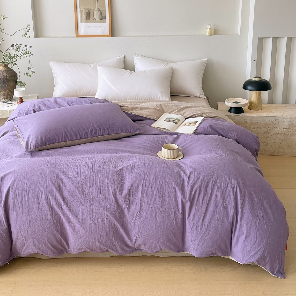 91家纺网 家纺一手货源 找家纺 春皖家纺 2026春夏新款双拼全棉水洗棉单被套被套单件单品被套 水晶紫-卡其