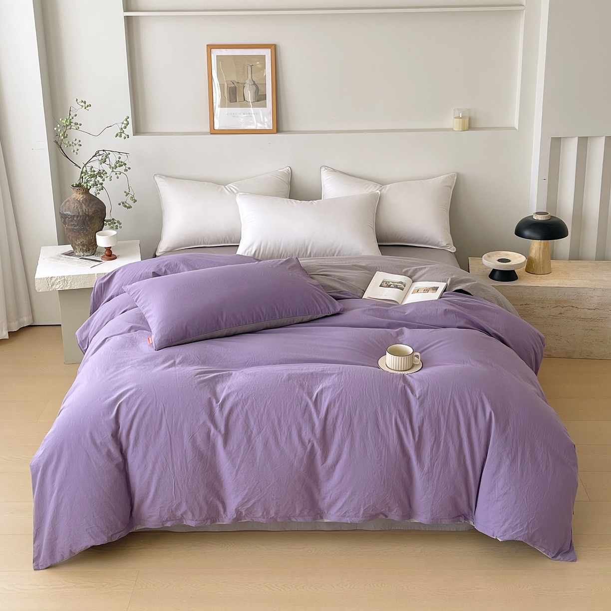 春皖家纺 2026春夏新款双拼全棉水洗棉单被套被套单件单品被套 水晶紫-浅灰