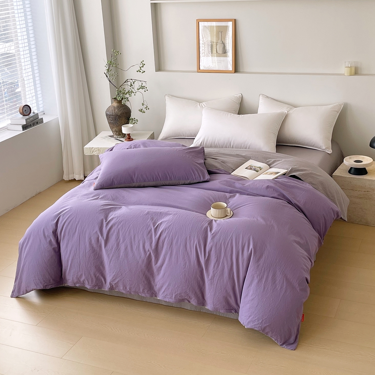 91家纺网 家纺一手货源 找家纺 春皖家纺 2026春夏新款双拼全棉水洗棉单被套被套单件单品被套 水晶紫-浅灰