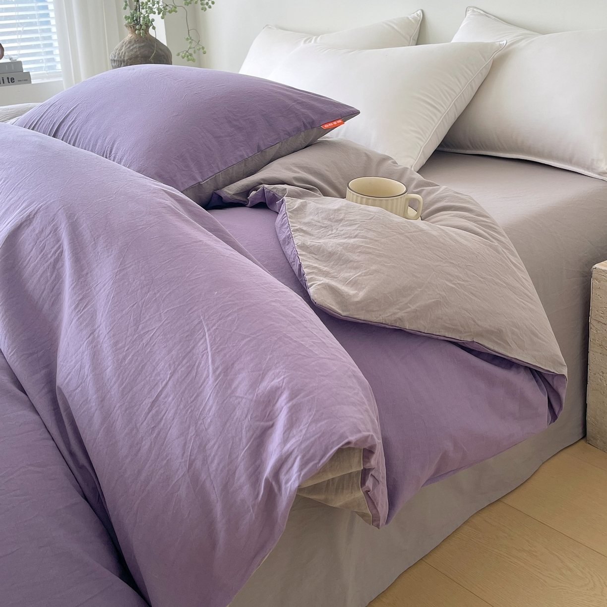 91家纺网 家纺一手货源 找家纺 春皖家纺 2026春夏新款双拼全棉水洗棉单被套被套单件单品被套 水晶紫-浅灰