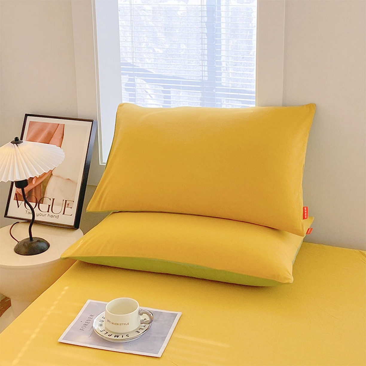 91家纺网 家纺一手货源 找家纺 春皖家纺 2026春夏新款双拼全棉水洗棉单枕套枕套单件单品枕套 深黄-果绿