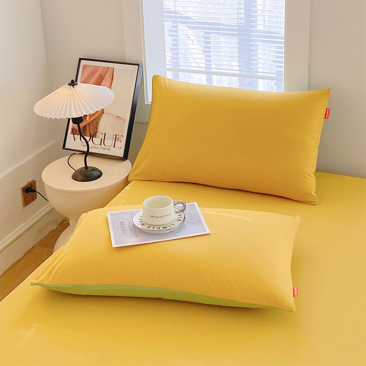 91家纺网 家纺一手货源 找家纺 春皖家纺 2026春夏新款双拼全棉水洗棉单枕套枕套单件单品枕套 深黄-果绿