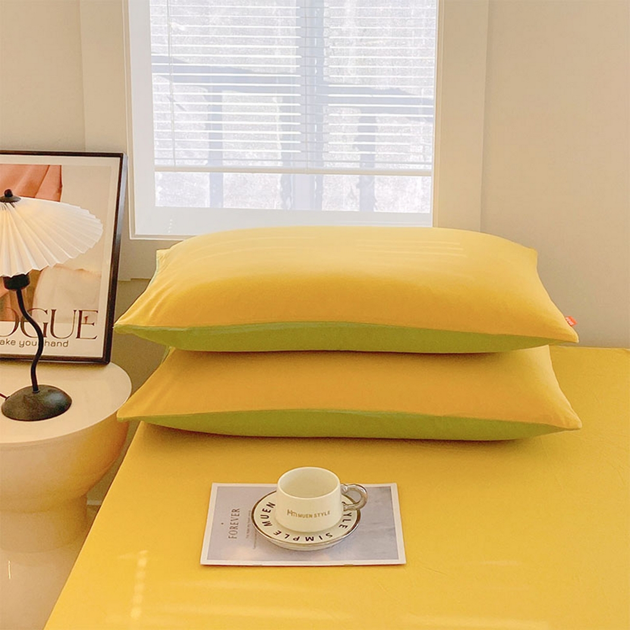 91家纺网 家纺一手货源 找家纺 春皖家纺 2026春夏新款双拼全棉水洗棉单枕套枕套单件单品枕套 深黄-果绿