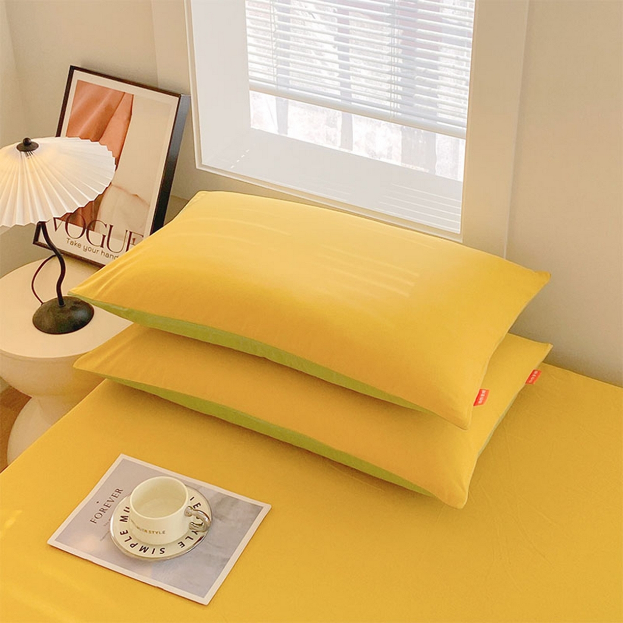 91家纺网 家纺一手货源 找家纺 春皖家纺 2026春夏新款双拼全棉水洗棉单枕套枕套单件单品枕套 深黄-果绿