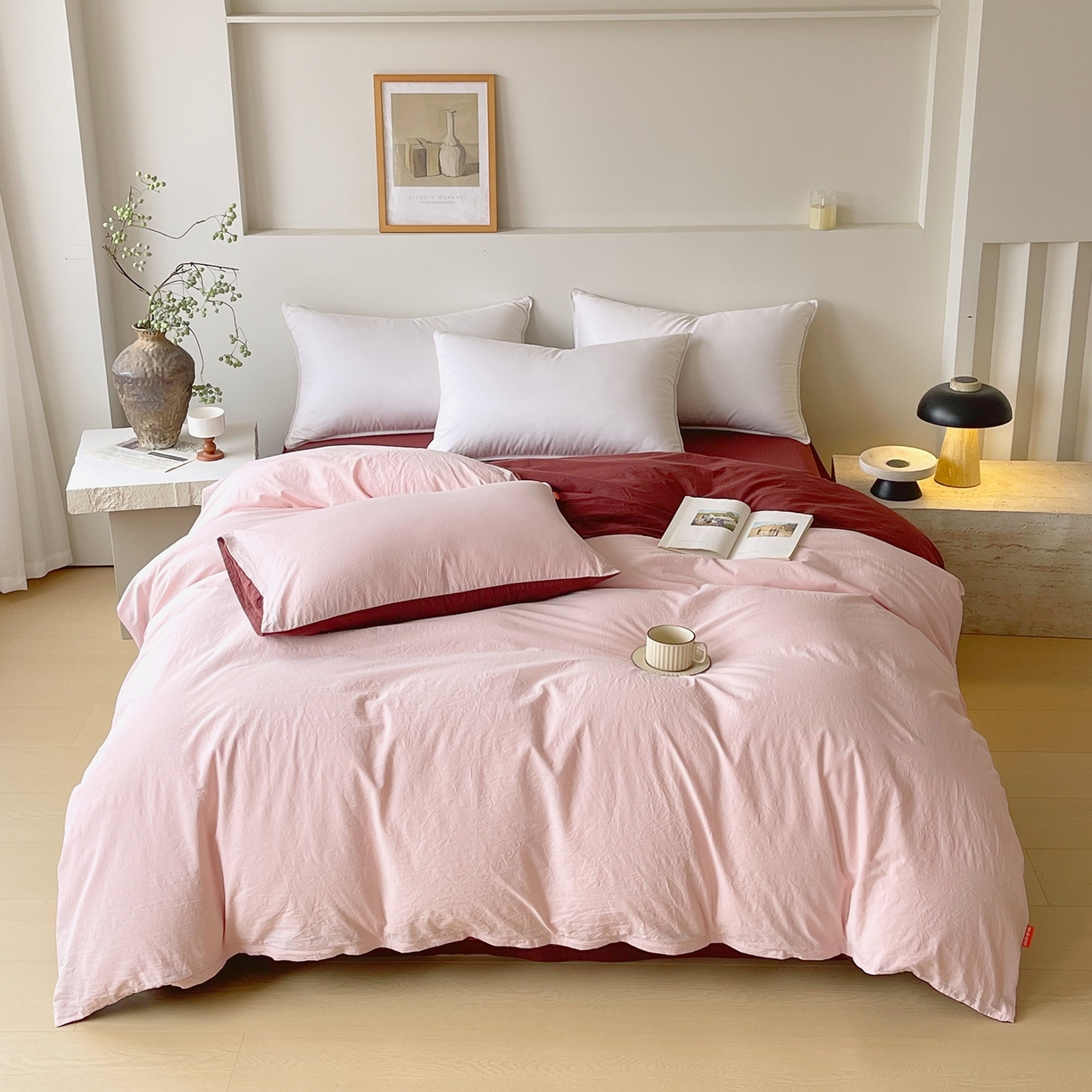 春皖家纺 2026春夏新款双拼全棉水洗棉单被套被套单件单品被套 樱花粉+可可红