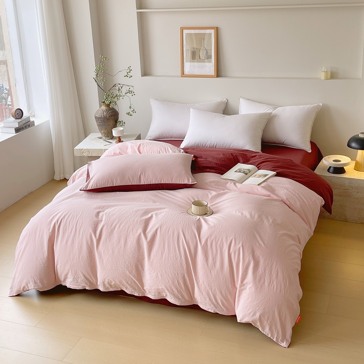 91家纺网 家纺一手货源 找家纺 春皖家纺 2026春夏新款双拼全棉水洗棉单被套被套单件单品被套 樱花粉+可可红