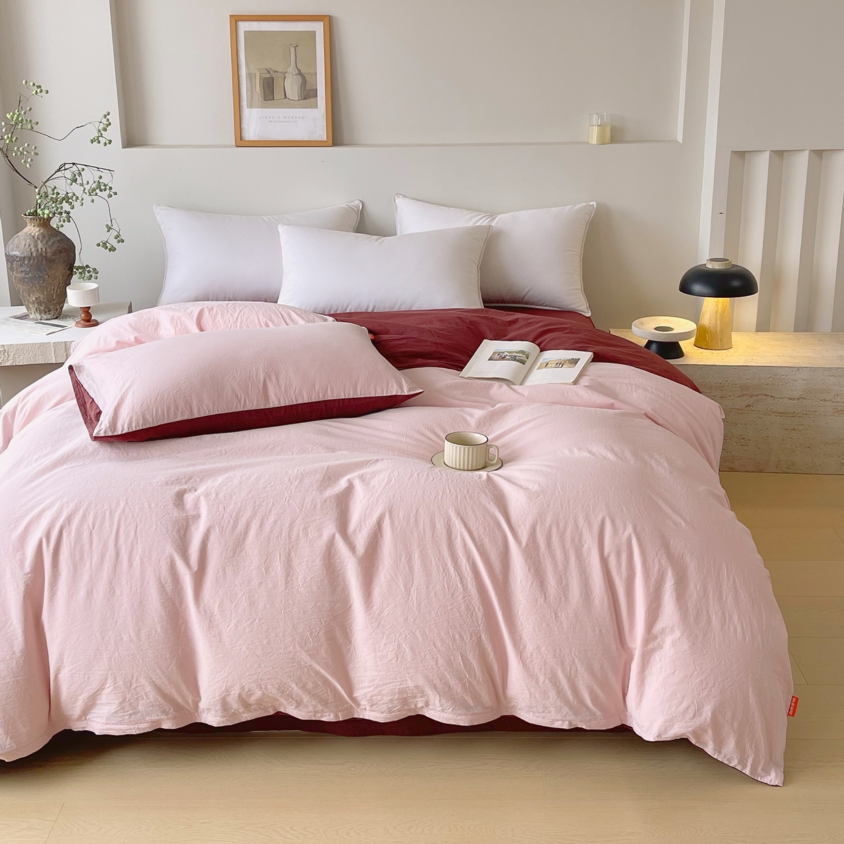 91家纺网 家纺一手货源 找家纺 春皖家纺 2026春夏新款双拼全棉水洗棉单被套被套单件单品被套 樱花粉+可可红