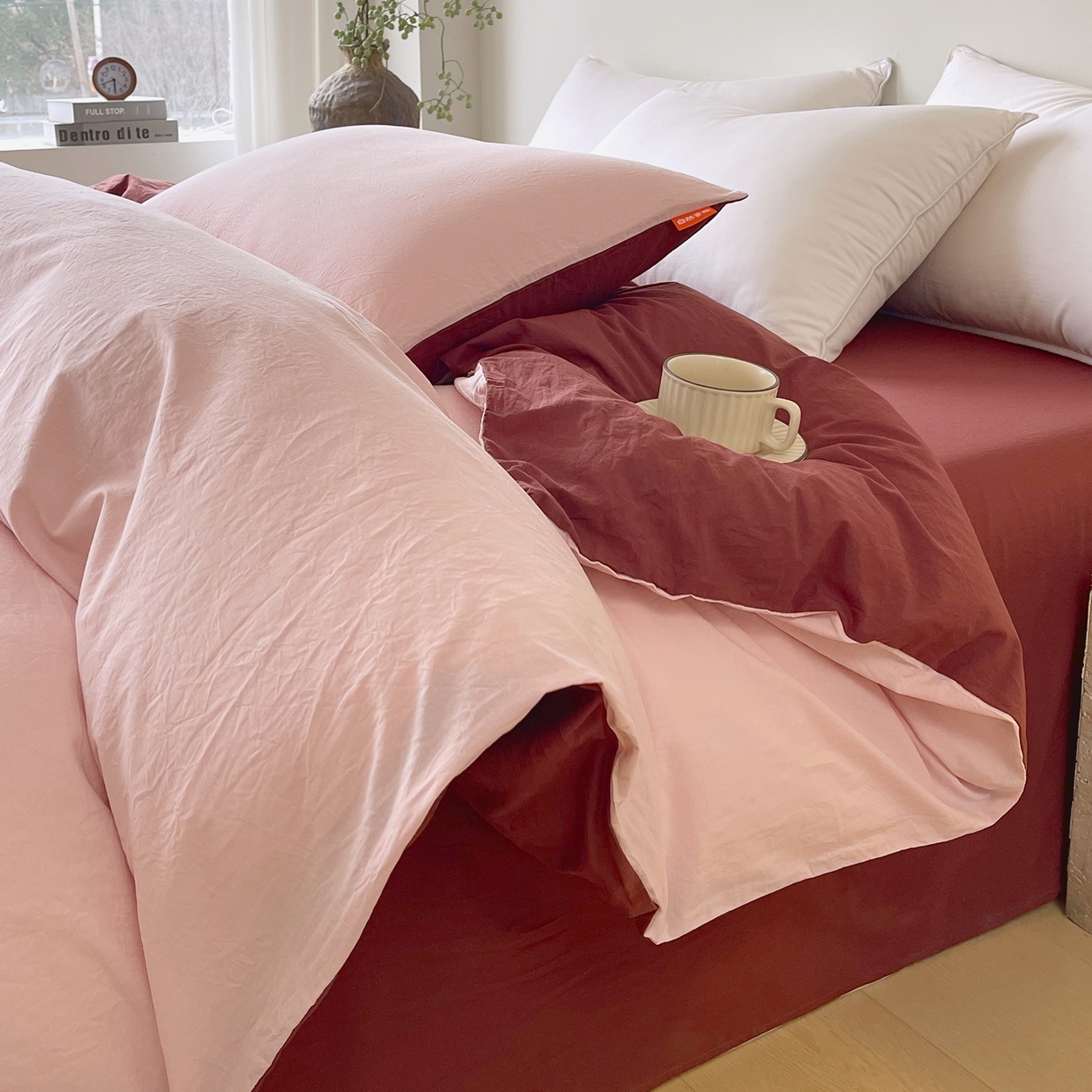 91家纺网 家纺一手货源 找家纺 春皖家纺 2026春夏新款双拼全棉水洗棉单被套被套单件单品被套 樱花粉+可可红