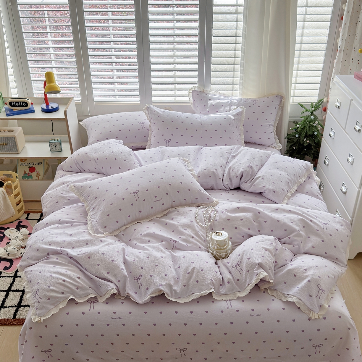 91家纺网 家纺一手货源 找家纺 恋尚羽家纺 2026新款双层纱水洗棉四件套 心心相印