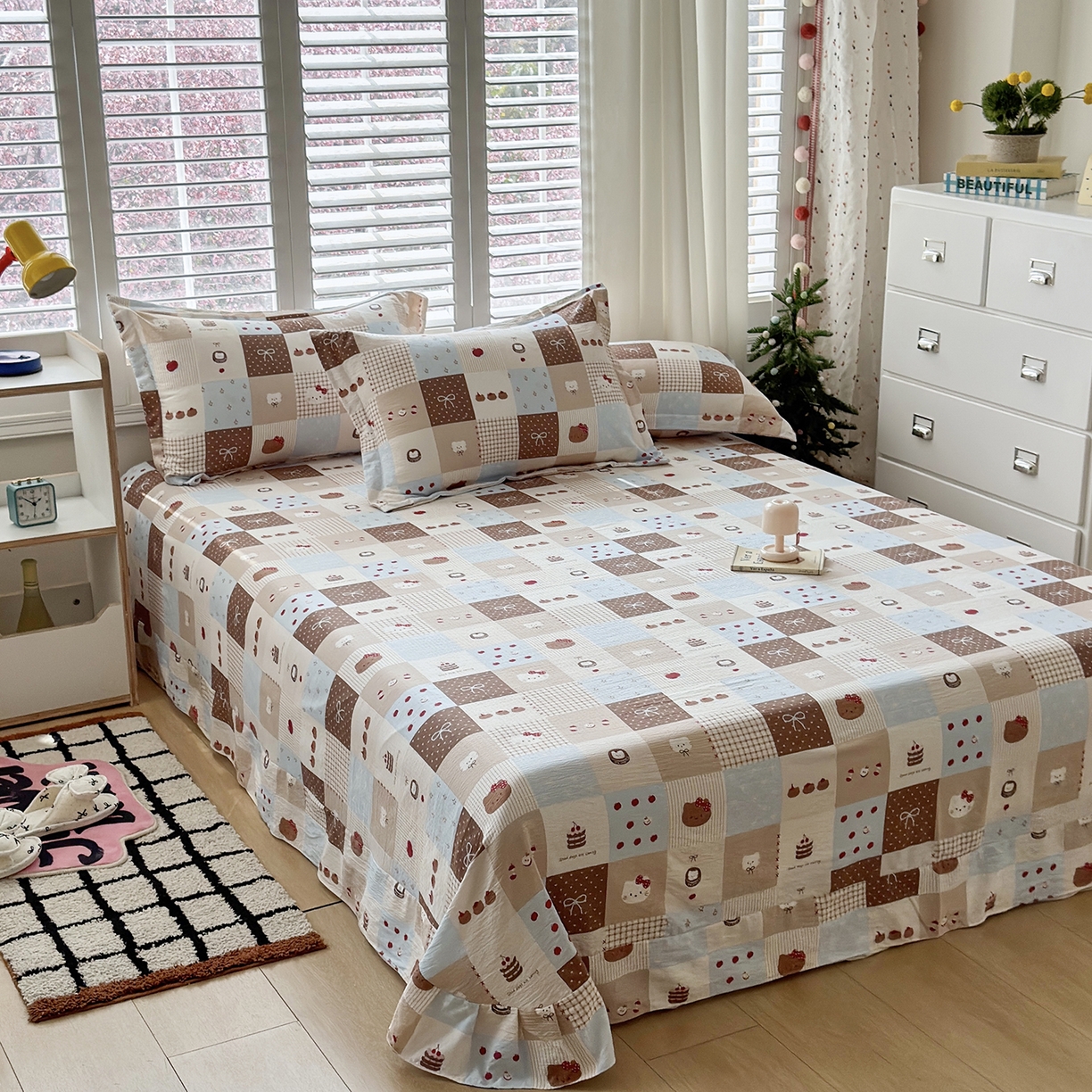 91家纺网 家纺一手货源 找家纺 恋尚羽家纺 2026新款双层纱水洗棉四件套 蛋糕猫