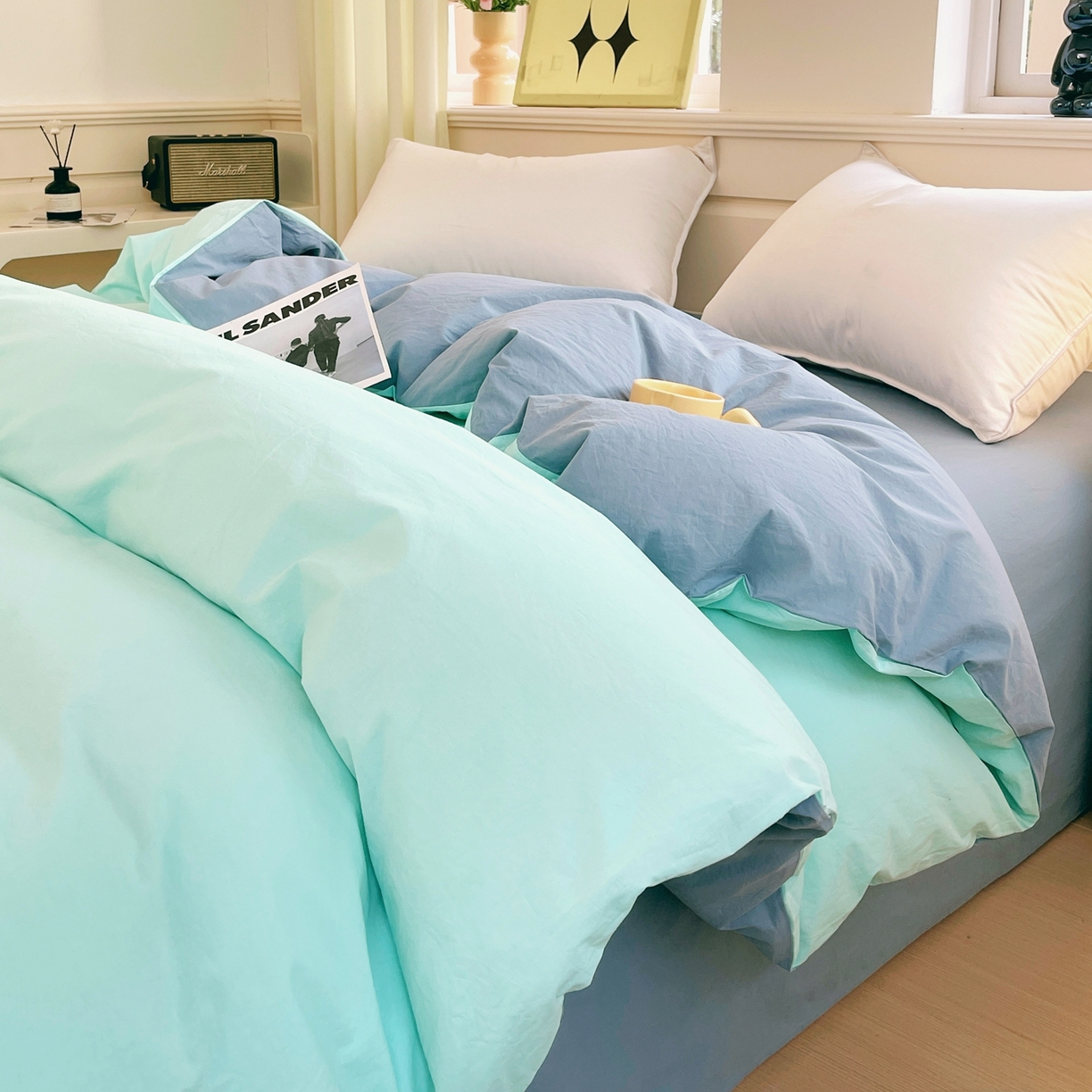 91家纺网 家纺一手货源 找家纺 春皖家纺 2026春夏新款双拼全棉水洗棉单被套被套单件单品被套 水蓝-天蓝