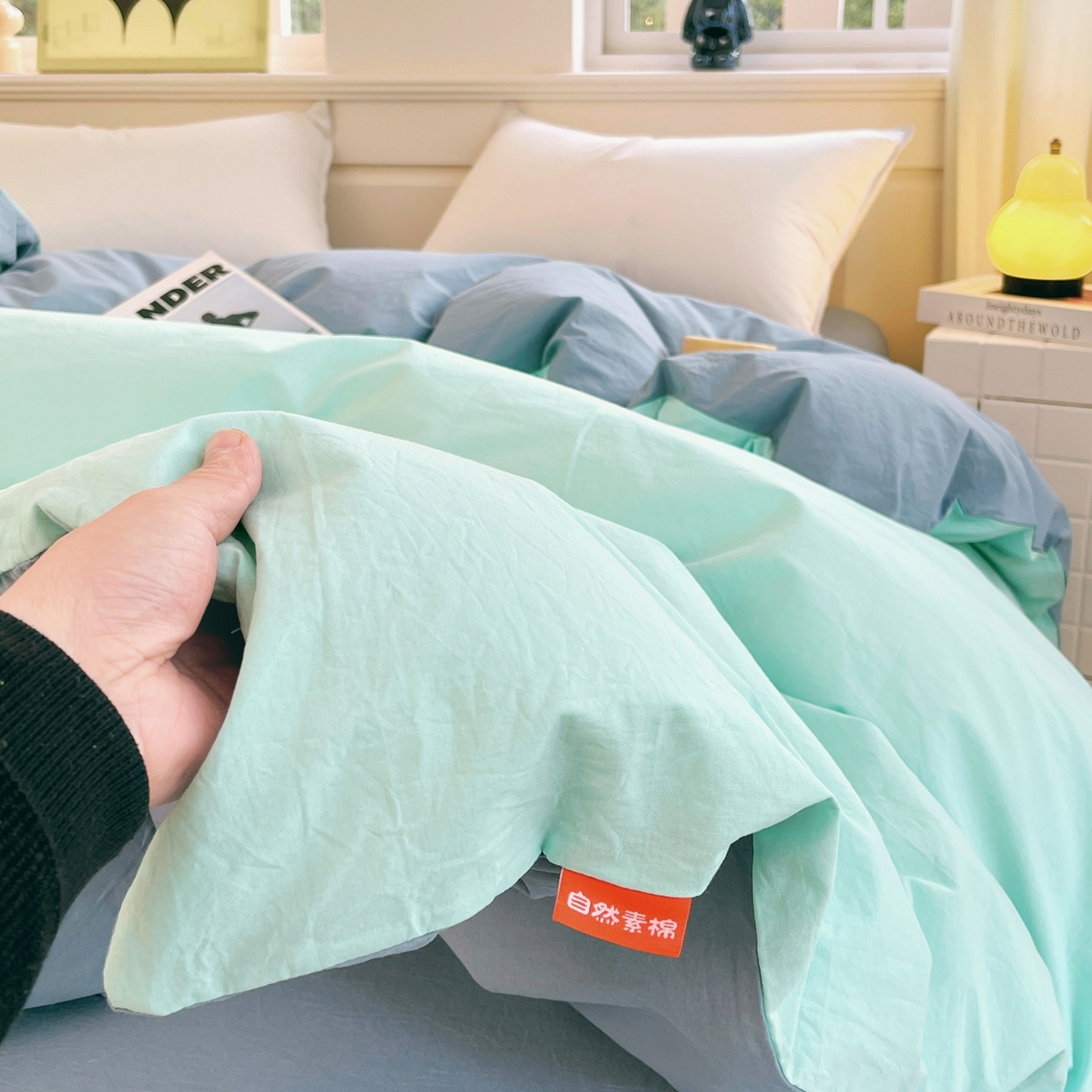 91家纺网 家纺一手货源 找家纺 春皖家纺 2026春夏新款双拼全棉水洗棉单被套被套单件单品被套 水蓝-天蓝