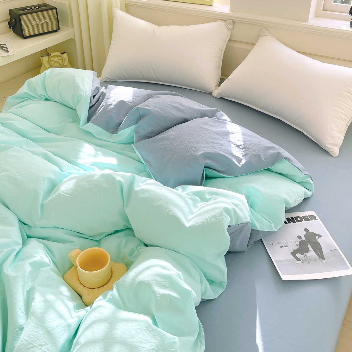 91家纺网 家纺一手货源 找家纺 春皖家纺 2026春夏新款双拼全棉水洗棉单被套被套单件单品被套 水蓝-天蓝