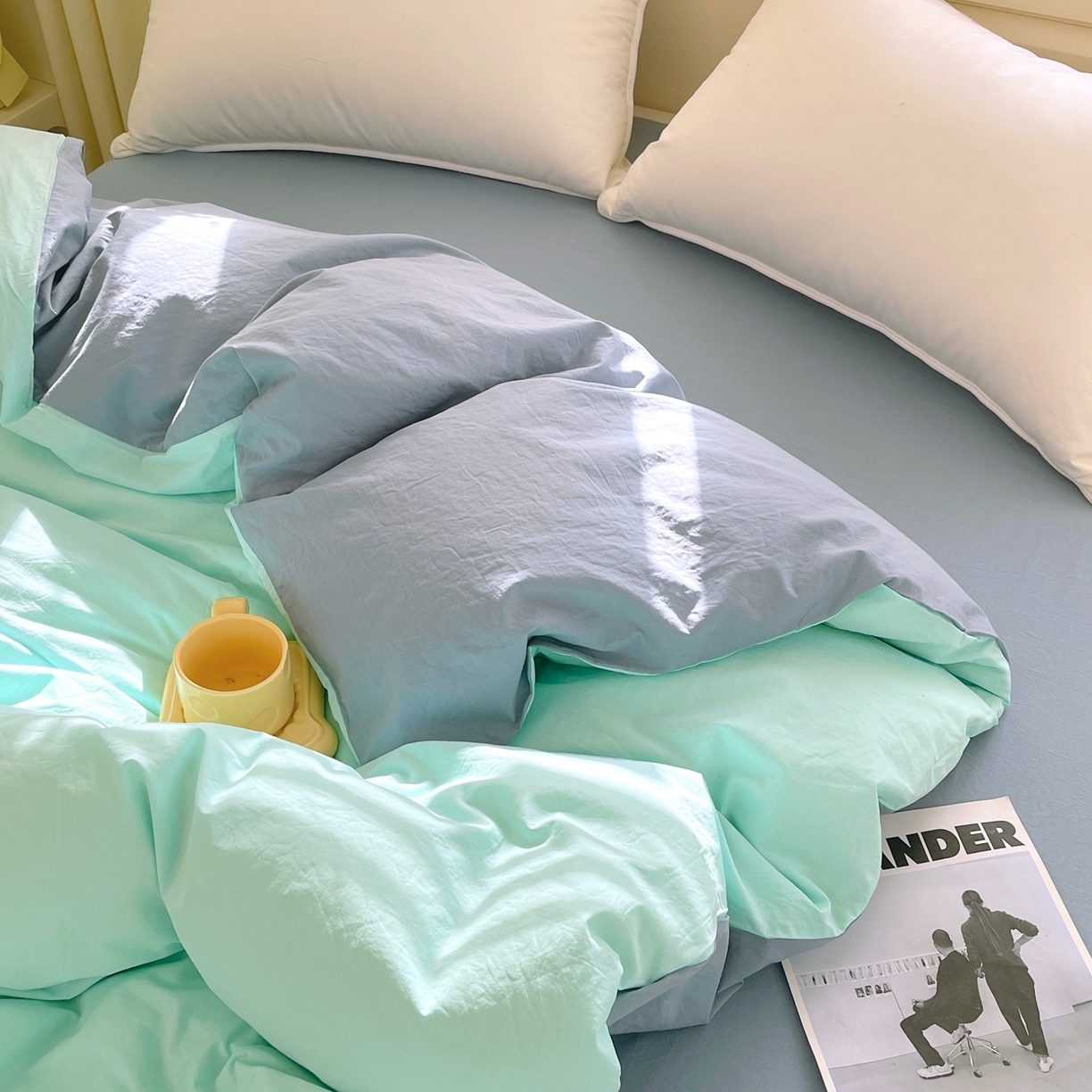 91家纺网 家纺一手货源 找家纺 春皖家纺 2026春夏新款双拼全棉水洗棉单被套被套单件单品被套 水蓝-天蓝