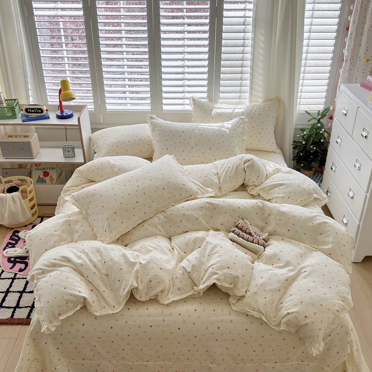 91家纺网 家纺一手货源 找家纺 恋尚羽家纺 2026新款双层纱水洗棉四件套 花香丽影