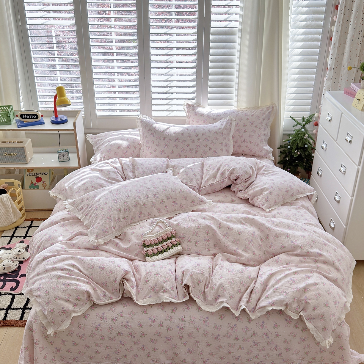 91家纺网 家纺一手货源 找家纺 恋尚羽家纺 2026新款双层纱水洗棉四件套 玫瑰花开